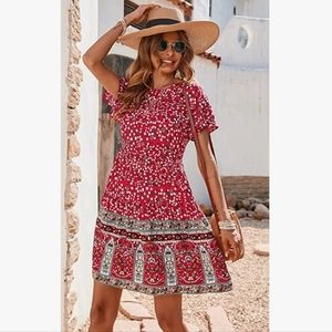 Women's Casual Short Sleeve Boho Summer Dresses Crewneck Floral Print High Waist